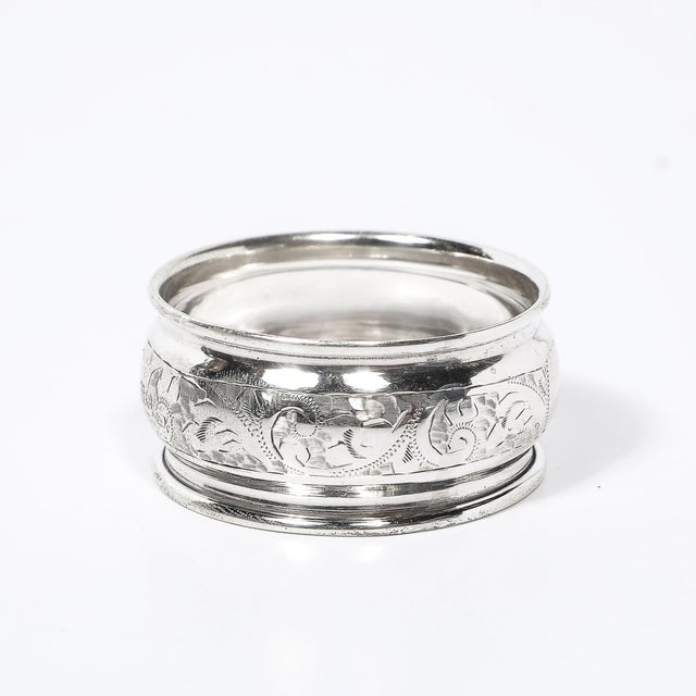 Antique Sterling Silver Napkin Ring With Engraved Detailing & English Hallmarks For Sale In New York - Image 6 of 14