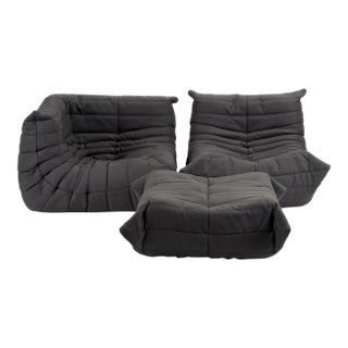 Ligne Roset Togo Fireside Chair, Corner & Ottoman Set in Charcoal Grey For Sale