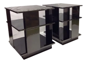 Milo Baughman Style 3-Tier Chrome & Black Glass End Tables - a Pair