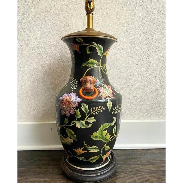 Black Vintage Black Floral Chinoiserie Lamp With Leopard Like Foo Dog Accents For Sale - Image 8 of 8