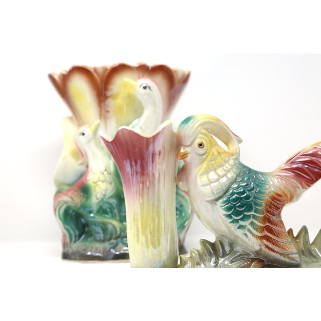Ceramic Vintage Mid-Century Iridescent Pheasant Ceramic Vases — Matched Pair For Sale - Image 7 of 11
