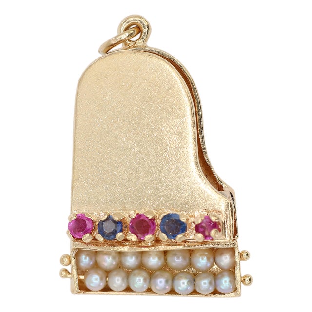 14k Solid Yellow Gold Pearl and Multicolor Gemstone Piano Charm Pendant For Sale