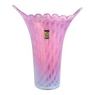 Vintage Murano Fratelli Toso Opalescent Pink Control Bubbles Italian Art Glass Flared Rim Flower Vase For Sale