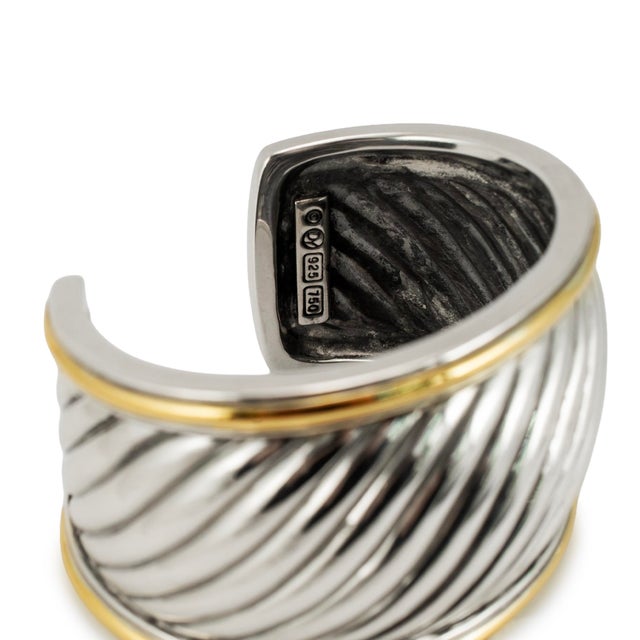Metal David Yurman 18k Yellow Gold Silver Two-Tone Sculpted Cable Cuff Bangle Bracelet For Sale - Image 7 of 8