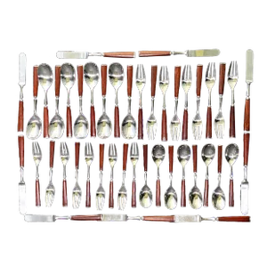 1970s Dansk Wood Accent Flatware - Jens Quistgaard Designed Wood Handle With Stainless Set of Eight Place Settings + 43 Total Pieces