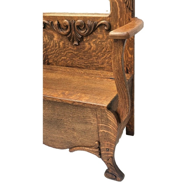 Antique American Tiger Oak Hall Tree With Carved Crest, Beveled Mirror & Storage Bench, C. 1900 For Sale - Image 10 of 18