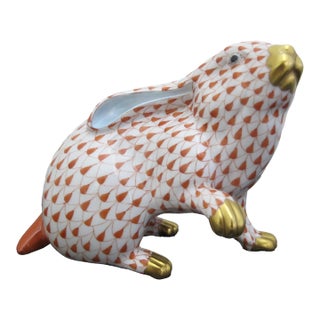 Herend Red Rust Fishnet Porcelain Ears Down Large Rabbit 5" Figurine For Sale