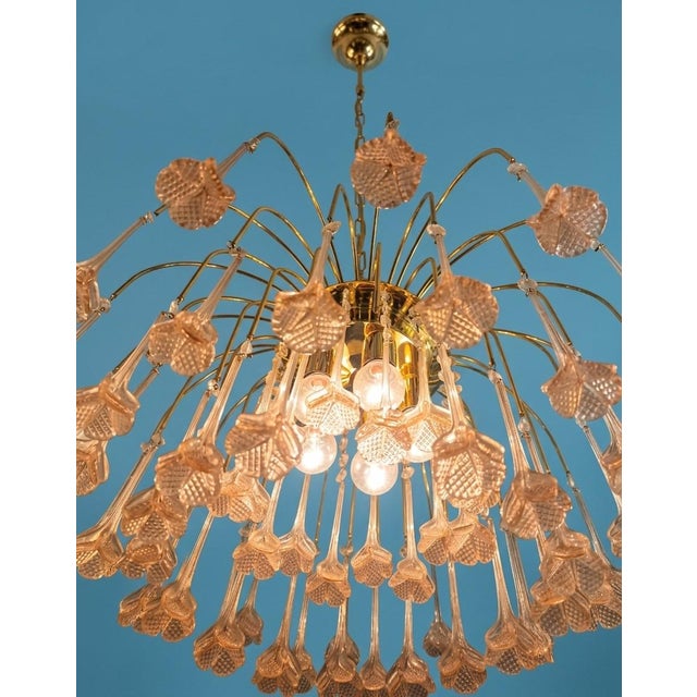 Gold Vintage Gold Rain Chandelier with Handmade Murano Glass Pink Flowers, Italy, 1960 For Sale - Image 8 of 16
