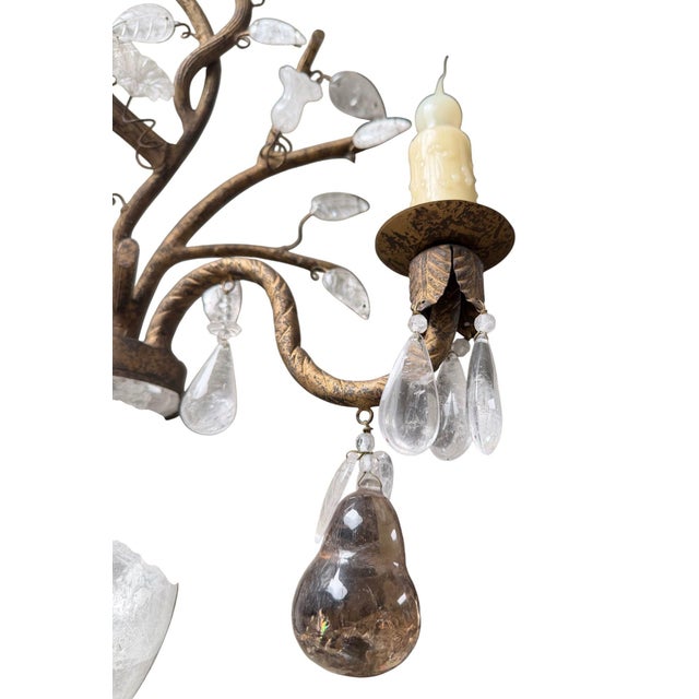 Metal 1980s French Baguès Style Rock Crystal, Smoky Quartz & Parrot Sconces - Pair For Sale - Image 7 of 10