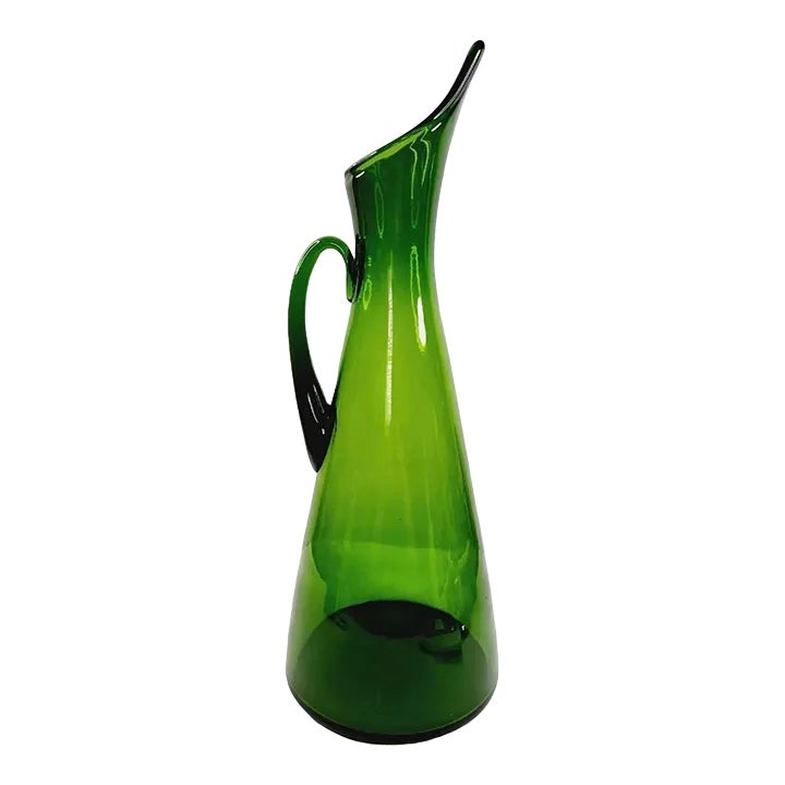 Mid Century Modern Atomic Olive Green Hand Blown Glass Pitcher by