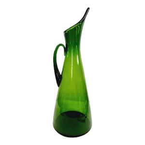 Mid Century Modern Atomic Olive Green Hand Blown Glass Pitcher by Blenko Glass Company