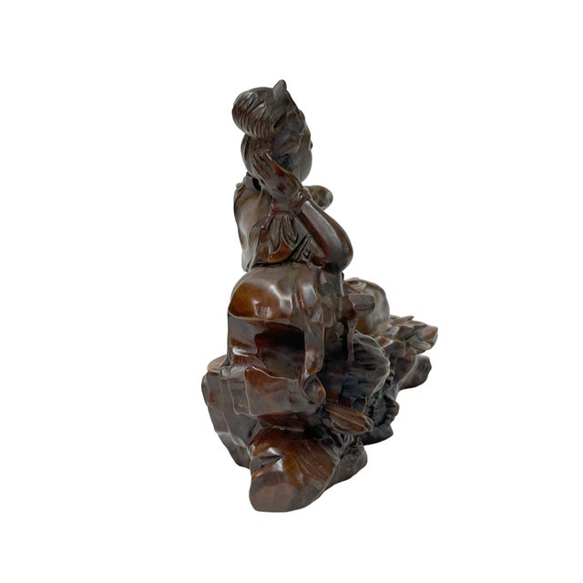 Wood 5" Hand-Carved Wood Reclining Bodhisattva Figurine Sculpture Tang Style Art For Sale - Image 7 of 8