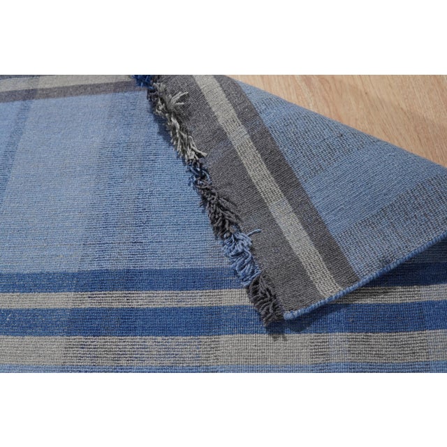 Cornflower Blue Blue Plaid Flatweave Wool Rug 10x14 For Sale - Image 8 of 9