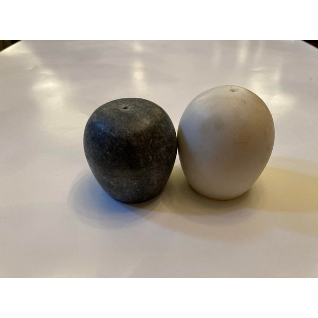 2000 - 2009 Small Crate & Barrel White & Dark Marble Salt & Pepper Shakers- a Pair For Sale - Image 5 of 5