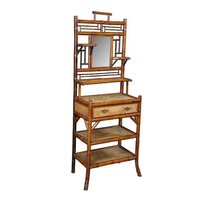 Victorian Antique English Victorian Bamboo & Rattan Mirrored Etagere Shelf Stand Boho Chic For Sale - Image 3 of 18