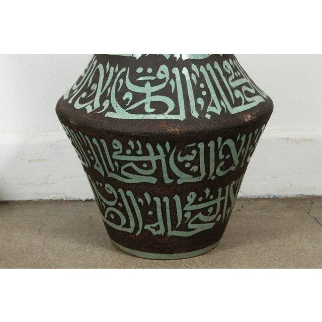 Moroccan Green and Brown Chiselled Ceramic Urns With Handles - a Pair For Sale - Image 4 of 9