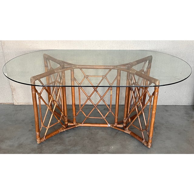 1960s Chinese Chippendale Style Bamboo Dining Table With Oval Glass Top For Sale - Image 5 of 11