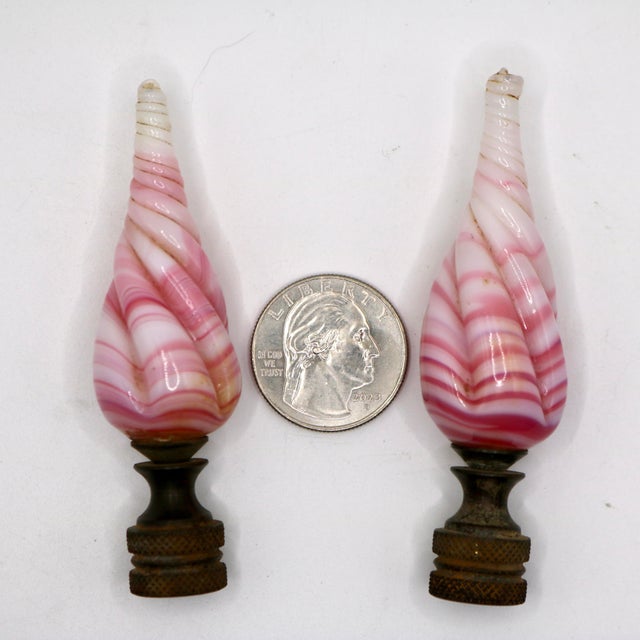 Vintage Pink & White Swirl Art Glass Lamp Finials With Brass Bases - A Pair For Sale In Cincinnati - Image 6 of 6