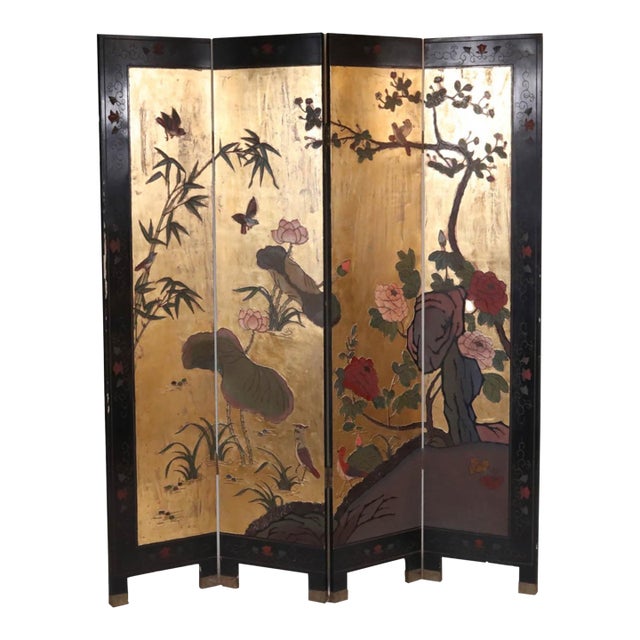Vintage Four-Paneled Chinese Coromandel-Style Room Divider Screen For Sale