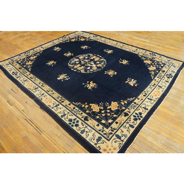 1920s Classic Floral Medallion Navy Blue Background Antique Chinese Peking Rug For Sale In New York - Image 6 of 10