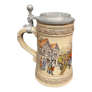 Classically-Decorated German Beer Stein With Ornamented Pewter Lid For Sale