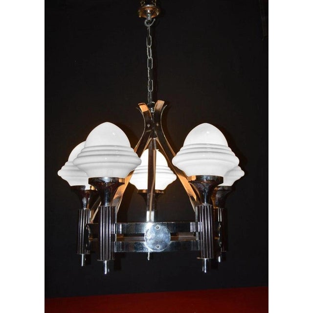 Art Deco French Five-Light Chrome, Bakelite & Opaline Glass Chandelier, 1930s For Sale - Image 14 of 18