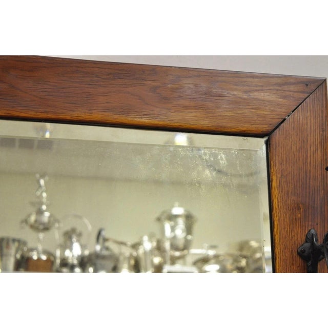 Brown Antique Arts & Crafts Mission Oak Wood Beveled Glass Hall Mirror Iron Coat Hooks For Sale - Image 8 of 12