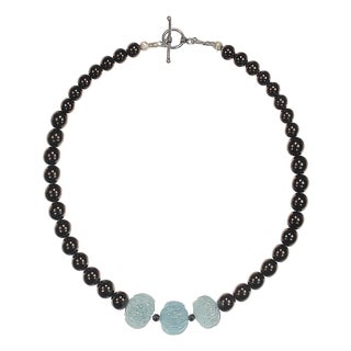 Ajd 18 Inch Elegant Black Onyx Necklace With Hand Carved Aquamarine Accents For Sale