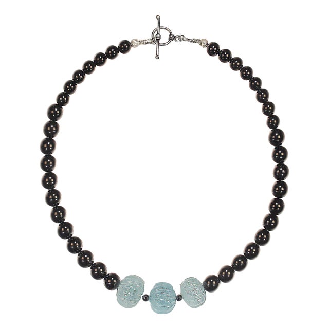 Ajd 18 Inch Elegant Black Onyx Necklace With Hand Carved Aquamarine Accents For Sale
