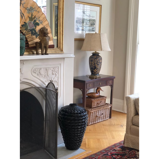 Vintage Black Lacquered Rattan Floor Basket Vase For Sale - Image 4 of 12