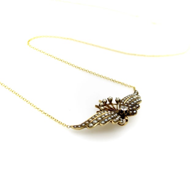Victorian 14K Gold Victorian Angel Wing Necklace with Diamond and Seed Pearls For Sale - Image 3 of 7