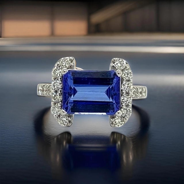 Natural Tanzanite Diamond Ring Size 6.5 14k W Gold 3.89 TCW Certified For Sale - Image 4 of 12