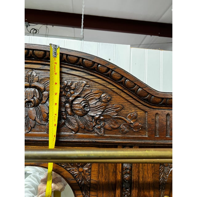 Antique Victorian Carved Oak Hall Tree With Mirror, Brass Hooks & Umbrella Stands For Sale - Image 10 of 10