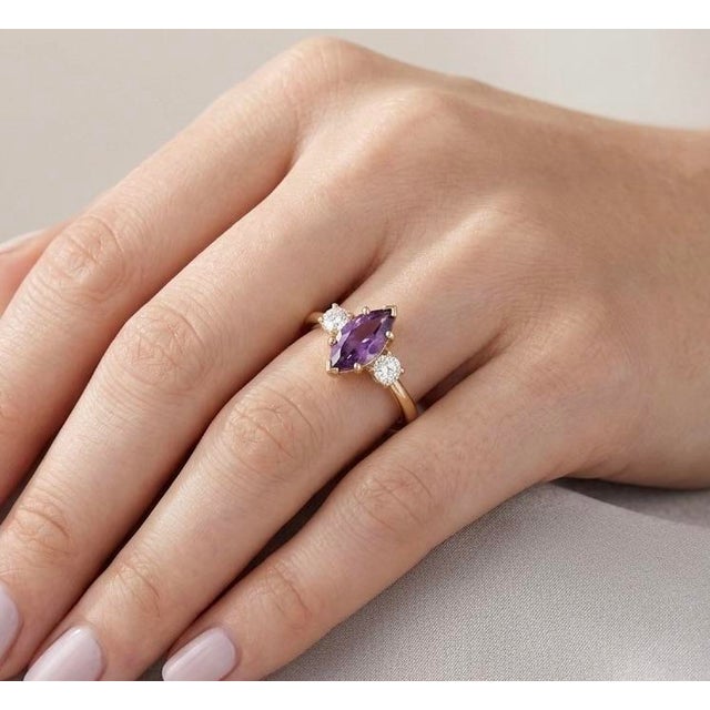 Contemporary Amethyst Engagement Ring | Marquise Cut Gemstone Ring | February Birthstone Promise Ring for Women Us 7 For Sale - Image 3 of 5
