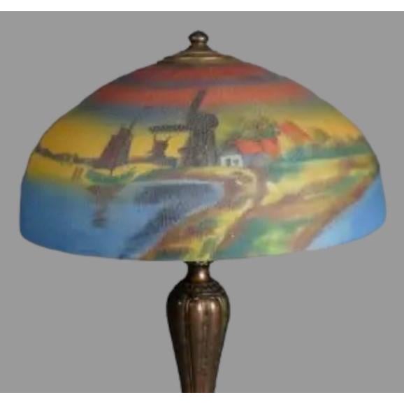 Metal Antique Arts & Crafts Scenic Reverse Painted Table Lamp 1920 For Sale - Image 7 of 11
