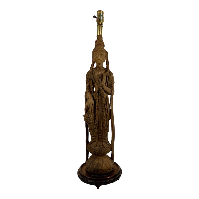 Mid 20th Century Standing Quan Yin Stoneware Table Lamp For Sale