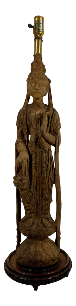 Mid 20th Century Standing Quan Yin Stoneware Table Lamp