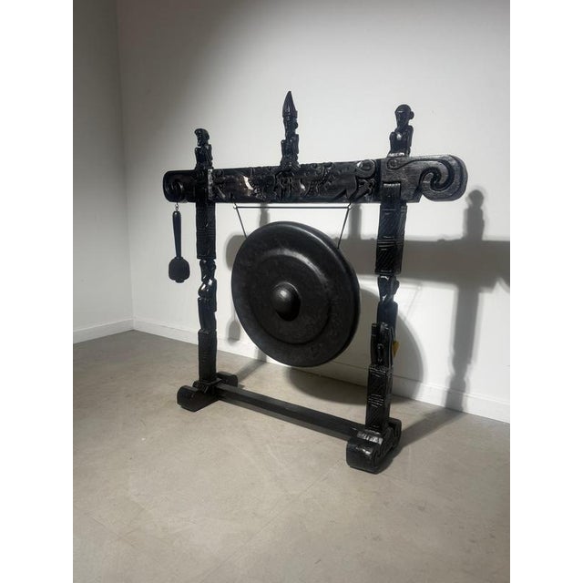 Large Gong with Carved Wooden Stand and Mallet For Sale - Image 9 of 9