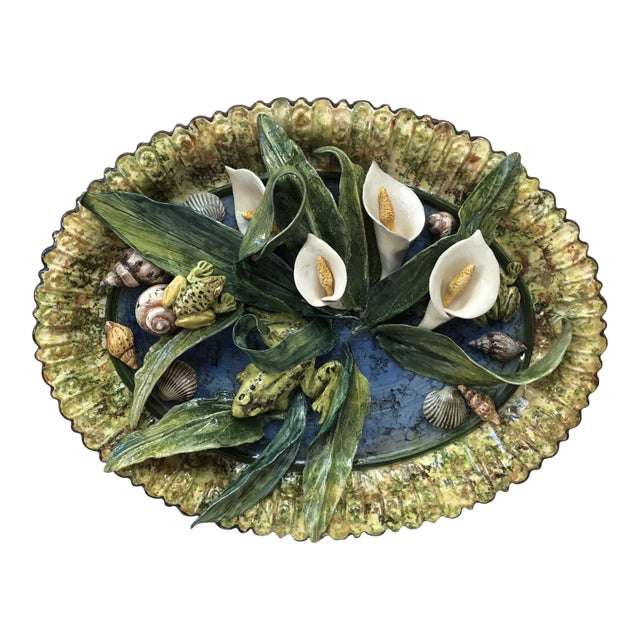 Majolica Palissy Platter Arums, Frogs, Shells Signed Christine Viennet For Sale