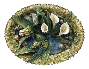 Majolica Palissy Platter Arums, Frogs, Shells Signed Christine Viennet