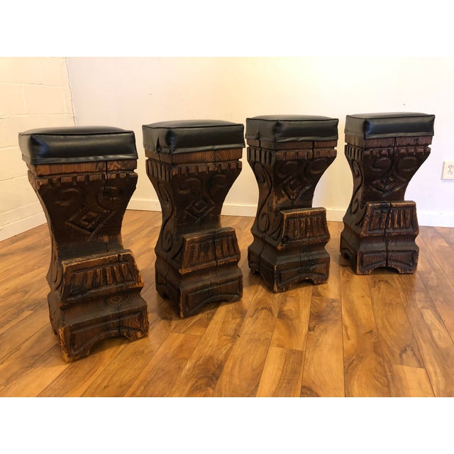Witco Carved Wood Tiki Bar Stools Set Of 4 Chairish