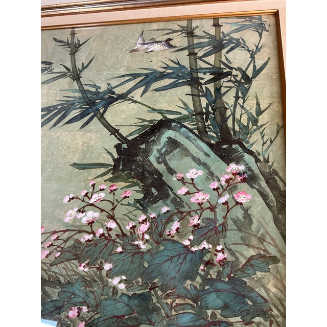 Large Asian Chinoiserie Bamboo & Bird Wall Art, Signed “Chu Wang,” 38” Framed For Sale - Image 4 of 4