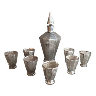Art Deco Glasses and Carafe in Glass and Silver, Set of 8 For Sale