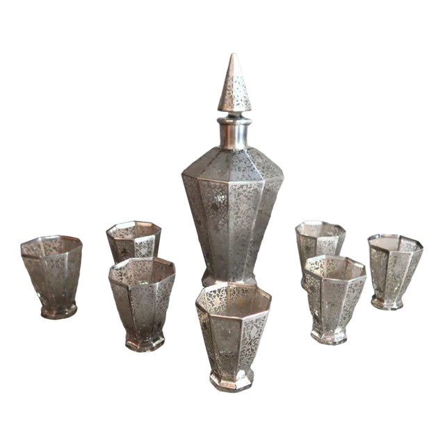 Art Deco Glasses and Carafe in Glass and Silver, Set of 8 For Sale