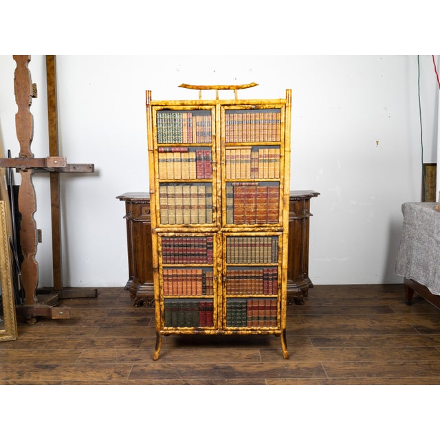 English 1900s Bamboo Cabinet with Faux Books Façade and Splaying Legs For Sale - Image 4 of 11