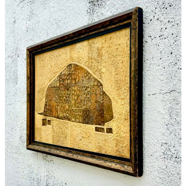 Contemporary Vintage Boho Textured Armadillo Mixed Media Painting in Frame For Sale - Image 3 of 5