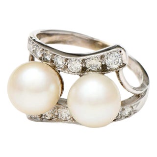 14KW Vintage Akoya Pearl & Diamond(0.55) Bypass Ring, size 5.75 For Sale