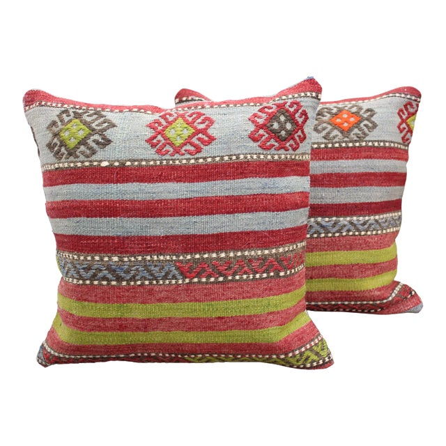 2 Turkish Kilim Decorative Pillow Covers - 14.5"x15.5" For Sale