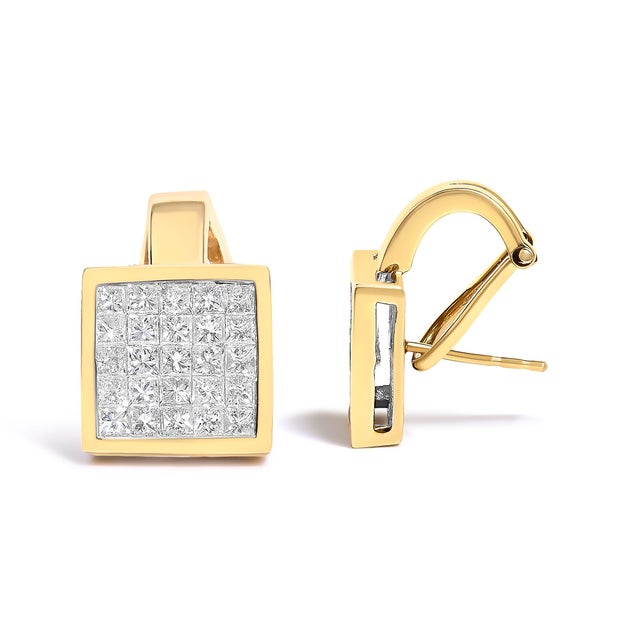 Contemporary 14K Yellow Gold 3-1/5 Cttw Princess Cut Diamond ¾ Square Invisible Set Grid Huggy Style Omega Back Stud Earrings (G-H Color, VS1-VS2 Clarity) For Sale - Image 3 of 6