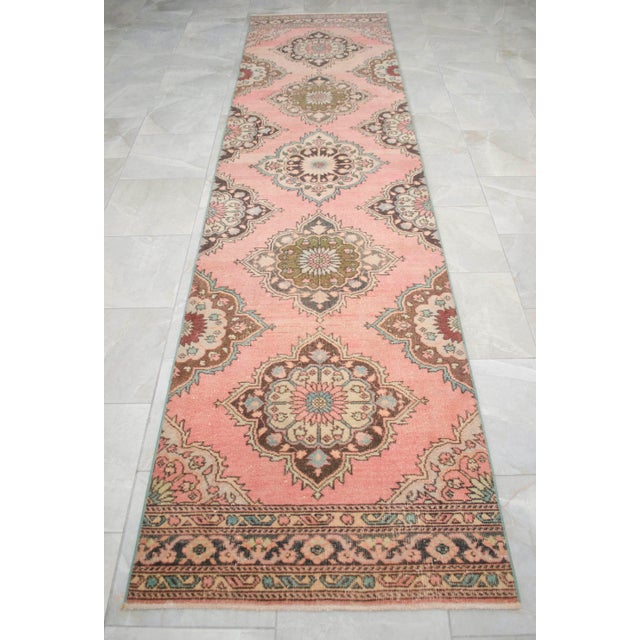 Rose Hand-Knotted Oushak Runner Rug Faded Pink Low Pile Hallway Decor Kitchen Rug- 3'2″x 12'4″ For Sale - Image 8 of 14